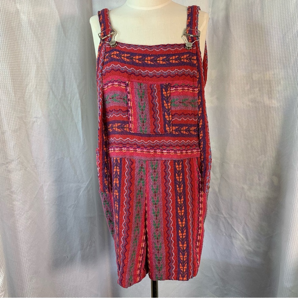 Mini Romper Pockets Short Buckle Strap Woven Tribal Tapestry Backless Multicolor